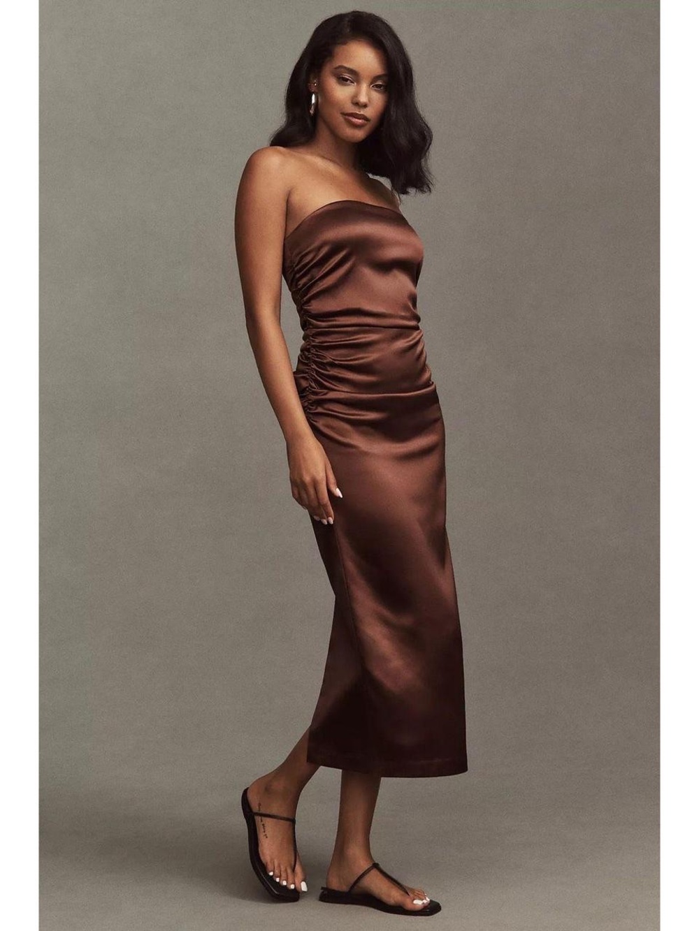 BHLDN (Anthropologie) Strapless Satin Midi Dress in Deep Brown